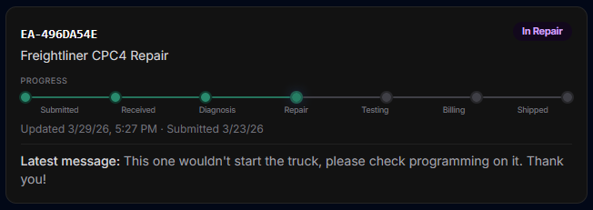 Repair order dashboard card showing order number, In Repair status, a seven-step progress bar from Submitted through Shipped, dates, and the latest customer-facing message.