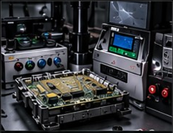 Open control module on a lab bench between test equipment