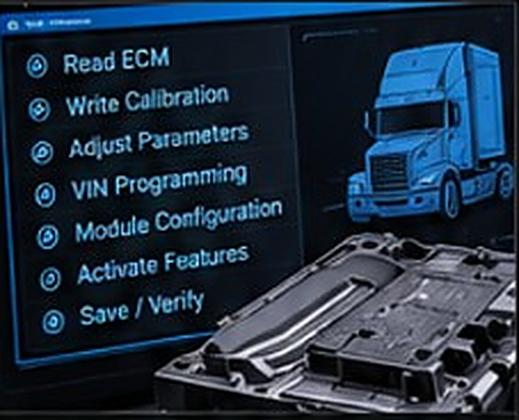 Programming screen listing ECM steps beside a blue truck and an open module
