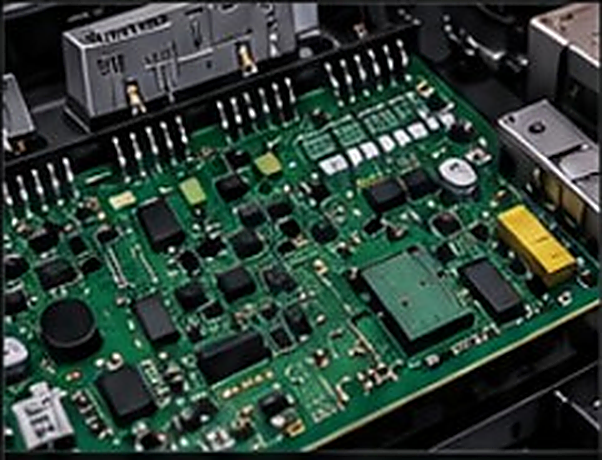 Green diesel control-module circuit board on a repair bench